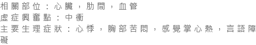 相關部位：心臟，肋間，血管 虛症興奮點：中衝 主要生理症狀：心悸，胸部苦悶，感覺掌心熱，言語障礙