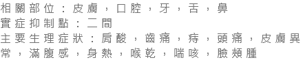 相關部位：皮膚，口腔，牙，舌，鼻 實症抑制點：二間 主要生理症狀：肩酸，齒痛，痔，頭痛，皮膚異常，滿腹感，身熱，喉乾，喘咳，臉頰腫