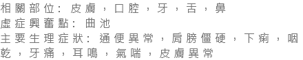 相關部位: 皮膚，口腔，牙，舌，鼻 虛症興奮點: 曲池 主要生理症狀: 通便異常，肩膀僵硬，下痢，咽乾，牙痛，耳鳴，氣喘，皮膚異常