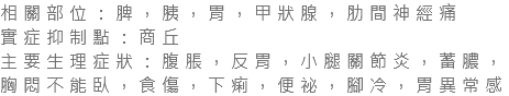 相關部位：脾，胰，胃，甲狀腺，肋間神經痛 實症抑制點：商丘 主要生理症狀：腹脹，反胃，小腿關節炎，蓄膿，胸悶不能臥，食傷，下痢，便祕，腳冷，胃異常感