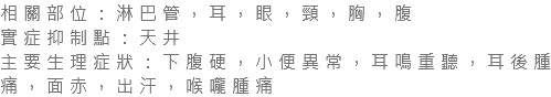 相關部位：淋巴管，耳，眼，頸，胸，腹 實症抑制點：天井 主要生理症狀：下腹硬，小便異常，耳鳴重聽，耳後腫痛，面赤，出汗，喉嚨腫痛