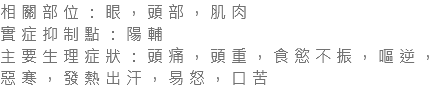 相關部位：眼，頭部，肌肉 實症抑制點：陽輔 主要生理症狀：頭痛，頭重，食慾不振，嘔逆，惡寒，發熱出汗，易怒，口苦