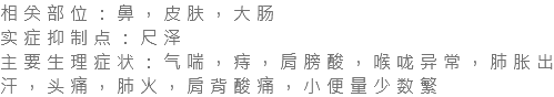 相关部位：鼻，皮肤，大肠 实症抑制点：尺泽 主要生理症状：气喘，痔，肩膀酸，喉咙异常，肺胀出汗，头痛，肺火，肩背酸痛，小便量少数繁