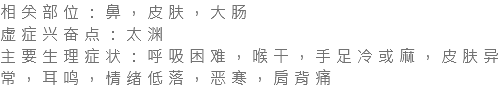 相关部位：鼻，皮肤，大肠 虚症兴奋点：太渊 主要生理症状：呼吸困难，喉干，手足冷或麻，皮肤异常，耳鸣，情绪低落，恶寒，肩背痛