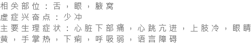 相关部位：舌，眼，腋窝 虚症兴奋点：少冲 主要生理症状：心脏下部痛，心跳亢进，上肢冷，眼睛黄，手掌热，下痢，呼吸弱，语言障碍