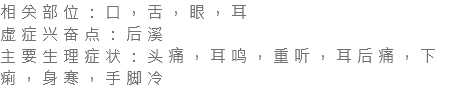 相关部位：口，舌，眼，耳 虚症兴奋点：后溪 主要生理症状：头痛，耳鸣，重听，耳后痛，下痢，身寒，手脚冷