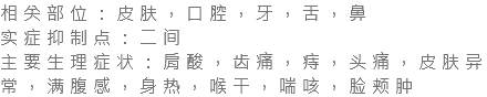 相关部位：皮肤，口腔，牙，舌，鼻 实症抑制点：二间 主要生理症状：肩酸，齿痛，痔，头痛，皮肤异常，满腹感，身热，喉干，喘咳，脸颊肿