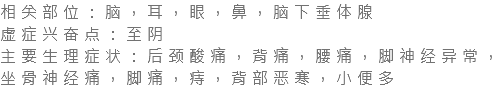 相关部位：脑，耳，眼，鼻，脑下垂体腺 虚症兴奋点：至阴 主要生理症状：后颈酸痛，背痛，腰痛，脚神经异常，坐骨神经痛，脚痛，痔，背部恶寒，小便多